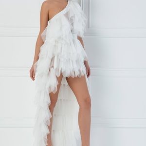 Kikiriki One Shoulder Ruffle White Mini Tulle Dress